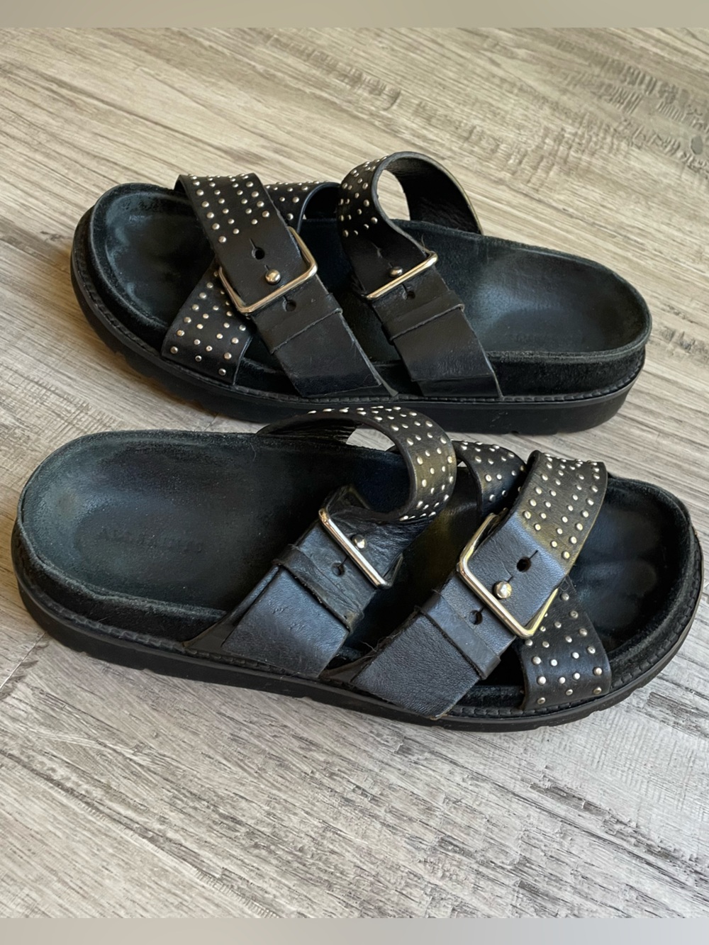 All Saints Nadia Sandals Leather Studded Straps W/Buckles Black/Silver SZ 7US 37
